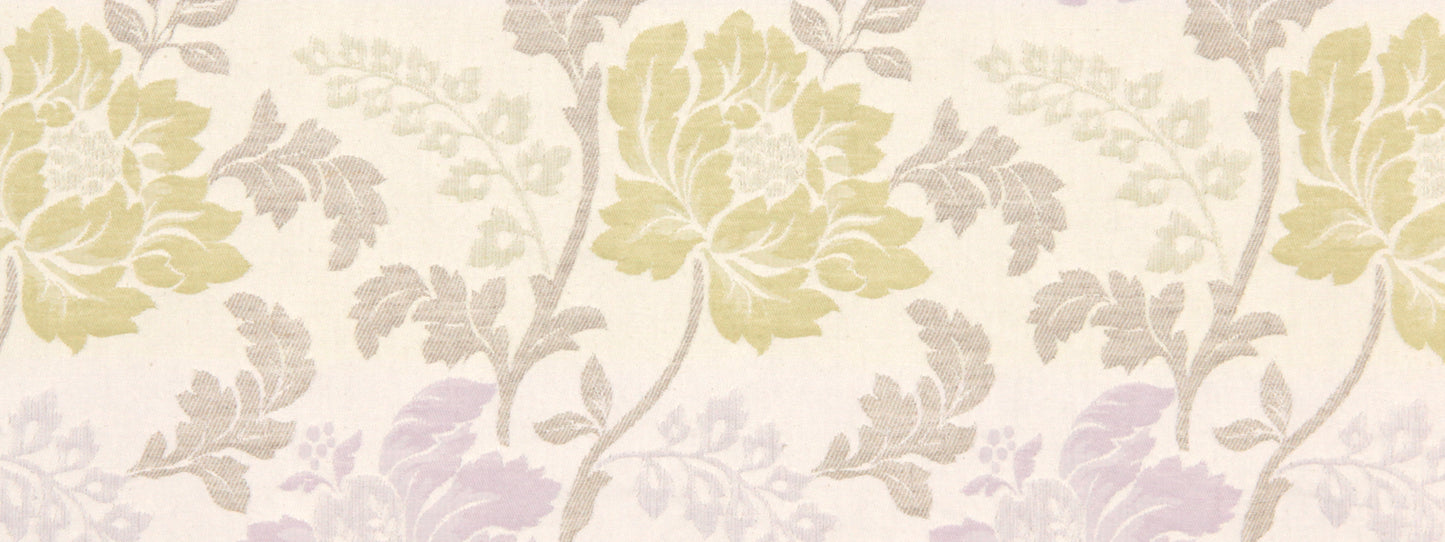 Floral damask wallpaper: pale yellow flowers with grey-green leaves on a warm cream background.