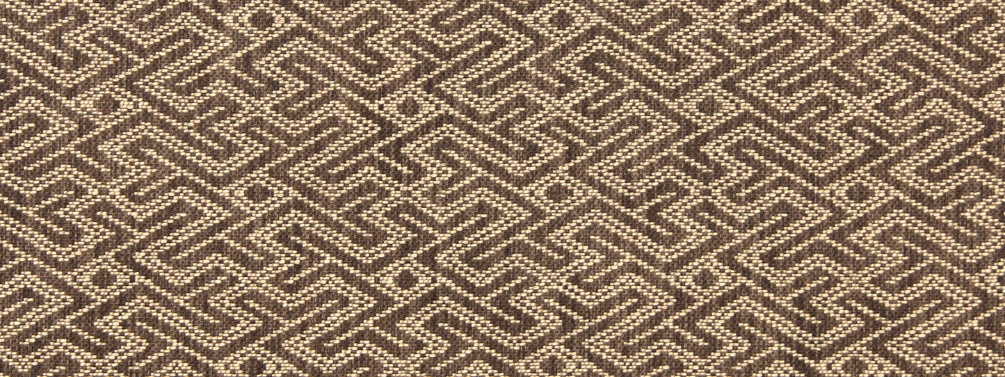 Brown and cream woven upholstery fabric with a repeating interlocking geometric maze/chevron pattern.
