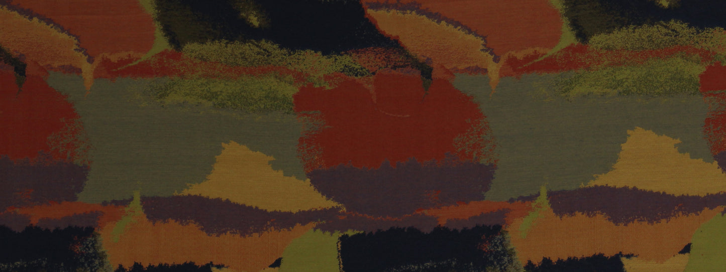 Abstract brushstroke print in warm earth tones (orange, red, olive, yellow, brown); upholstery fabric pattern.