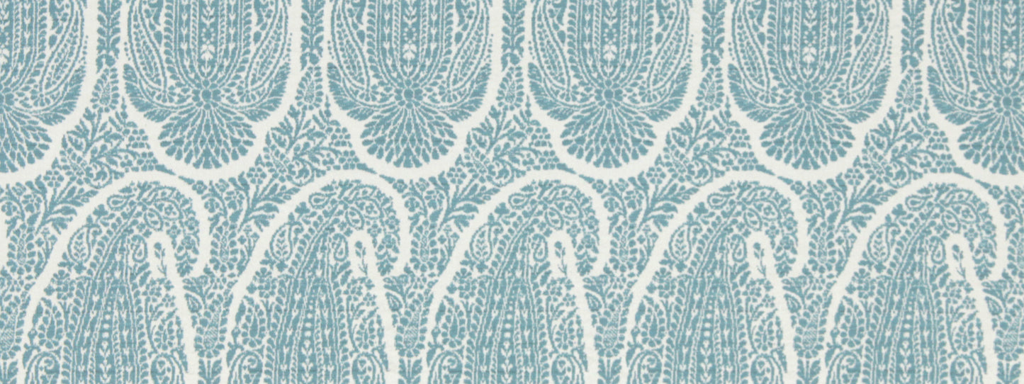 Repeating aquamarine damask/paisley arch pattern on upholstery fabric; decorative textile design.