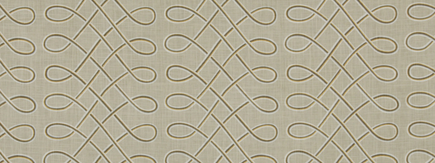 Beige wallpaper with a tan looping lattice pattern; elegant decorative wallcovering.