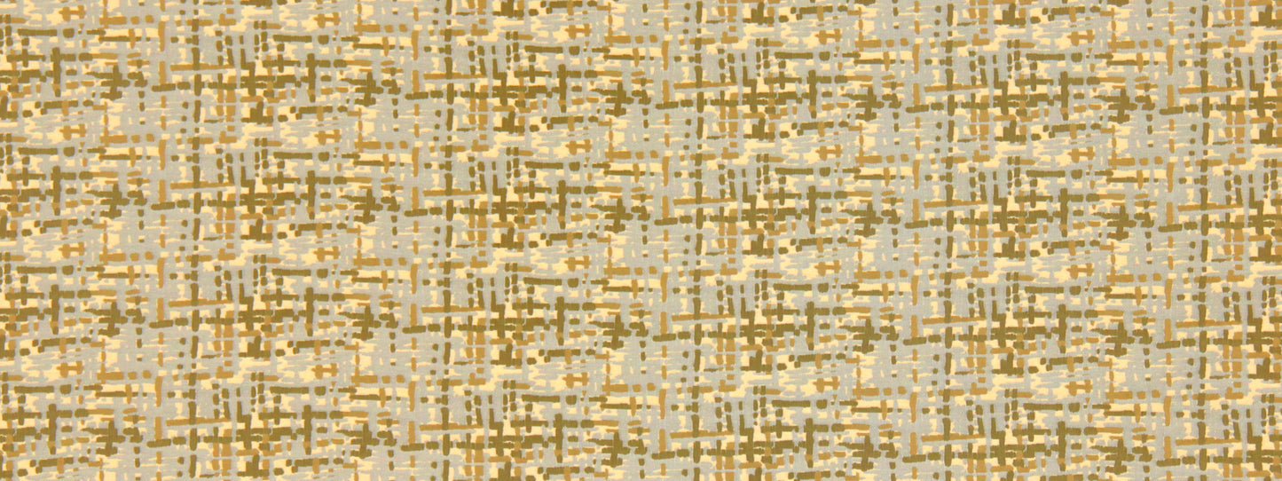 Beige fabric with gold metallic plaid pattern; luxe upholstery textile.
