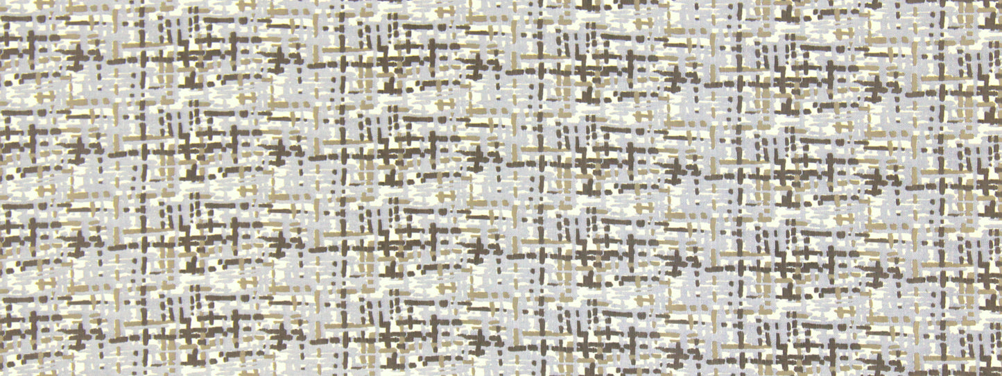 Neutral woven fabric pattern in beige and gray with gold metallic flecks in a crosshatched grid.
