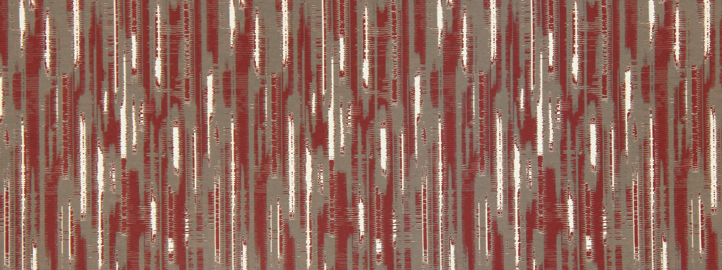 Red, ivory and gray ikat-style wallcovering with irregular vertical brushstrokes.