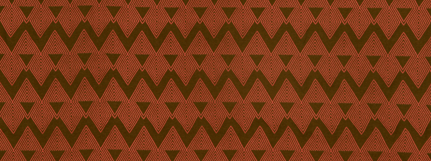 Repeating red-orange and brown geometric chevron/diamond pattern with fine line details on fabric texture