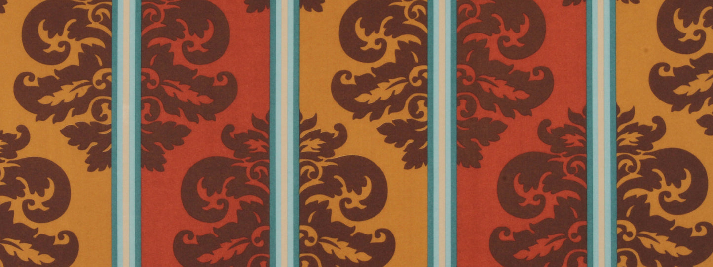 Vibrant damask print fabric with amber and rust panels, brown scroll motifs, separated by turquoise stripes.