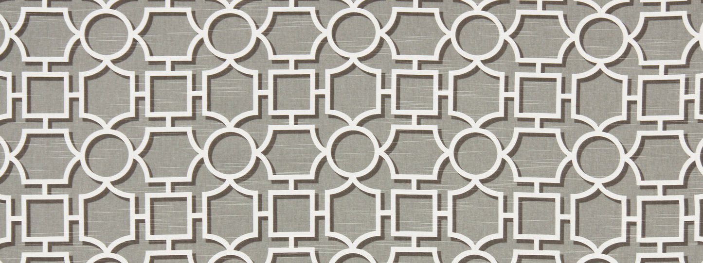 Cream geometric lattice pattern with interlocking circles and squares on a light gray-beige background.