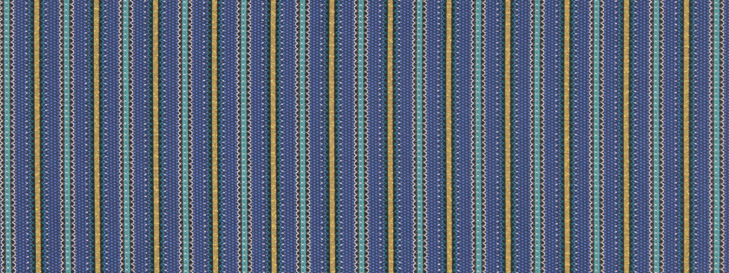 Vertical striped woven fabric in blues, teals & beige; multicolor textile pattern.