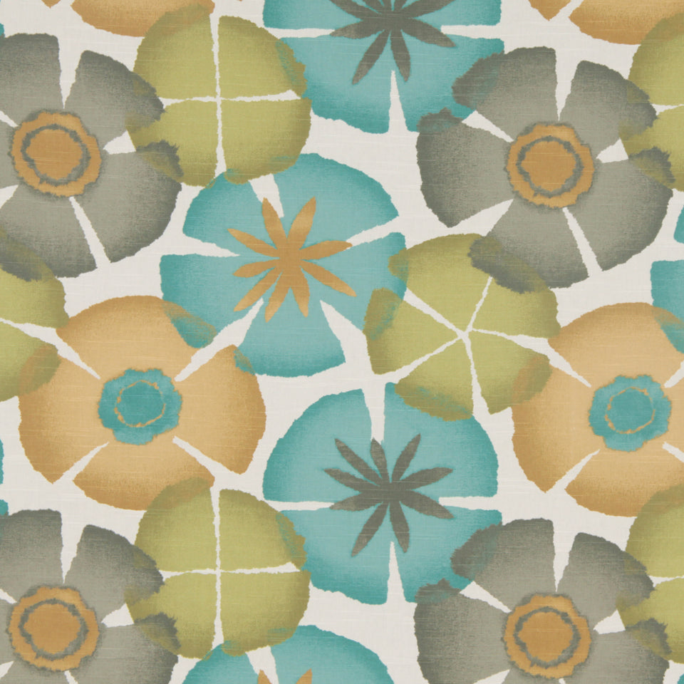 Watercolor floral pattern with teal, orange & olive-green blossoms & gray petals on white background