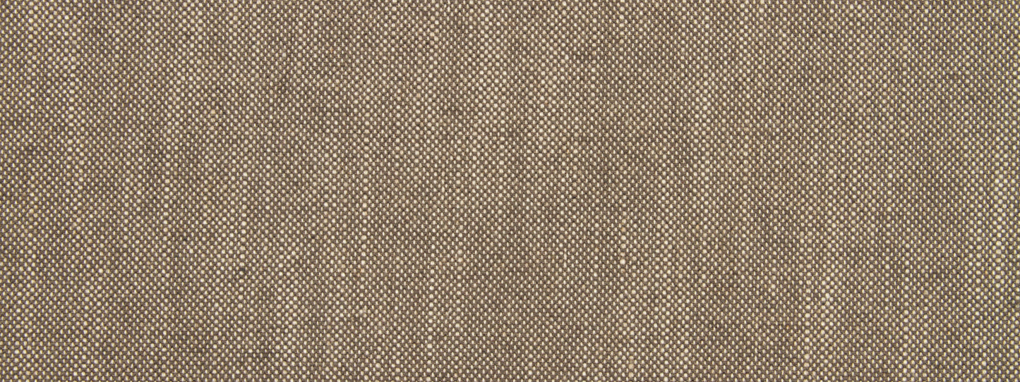 Close-up of brown linen canvas upholstery fabric with natural tan and taupe threads; woven texture suitable for upholstery or crafts.