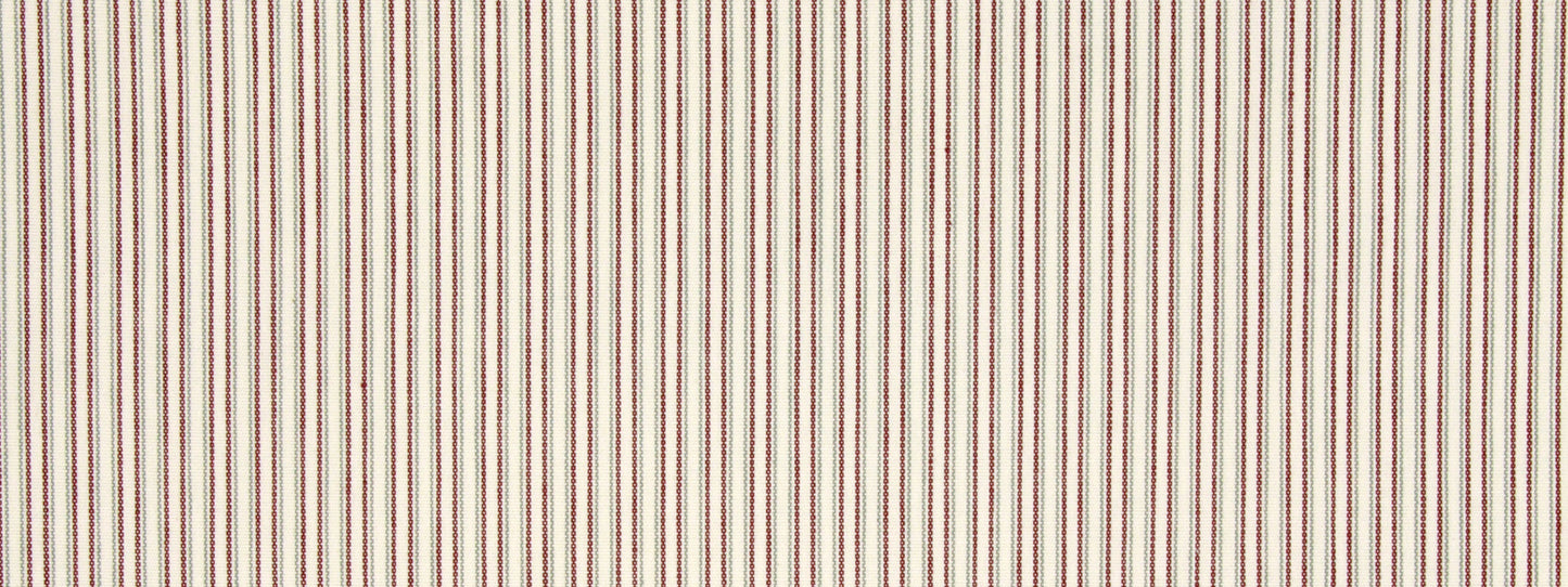 Beige woven fabric with narrow vertical red stripes in a classic striped pattern.
