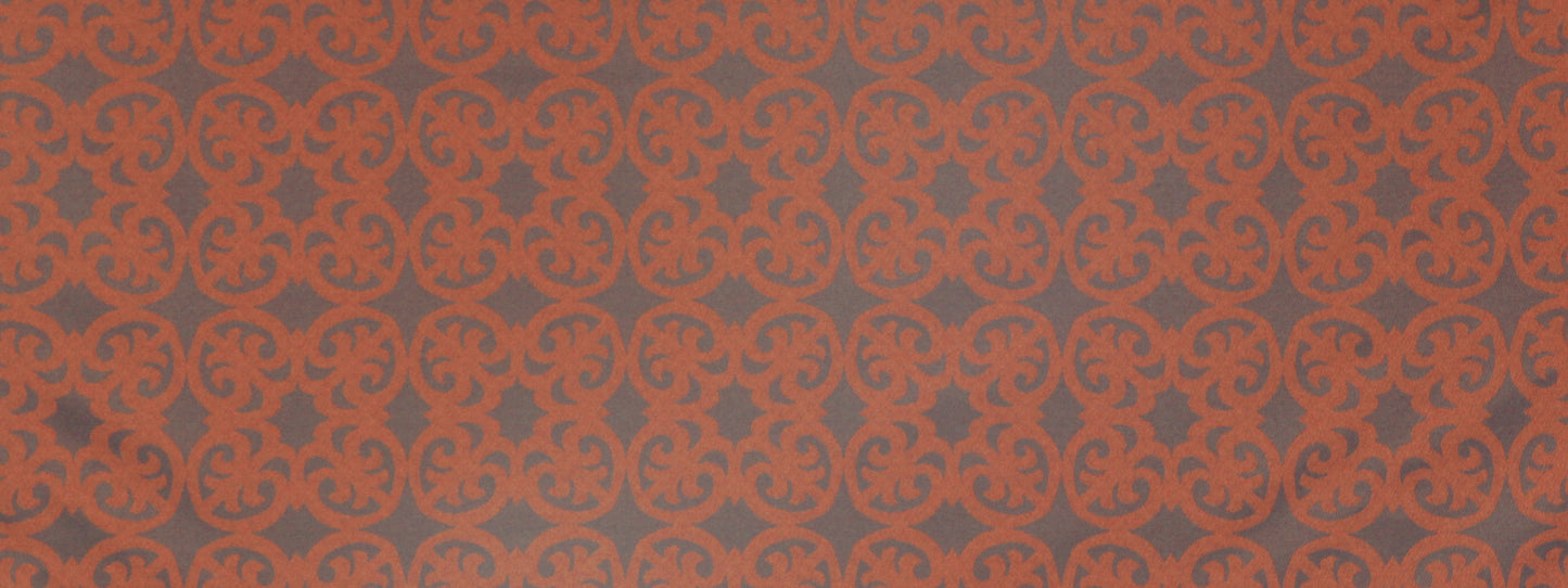 Orange damask pattern on a muted purple background with a repeating ornate motif for upholstery fabric