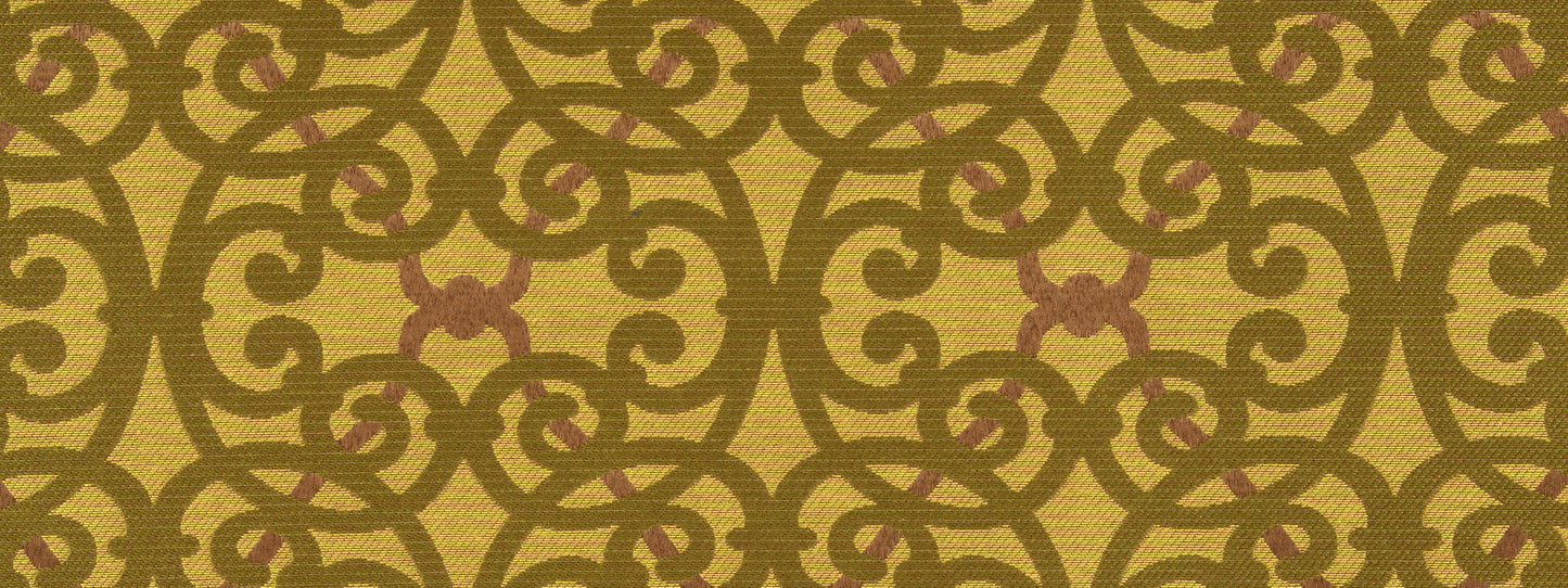 Bronze-brown scrolling arabesque pattern with ornate circular motifs on a warm gold background; upholstery fabric.