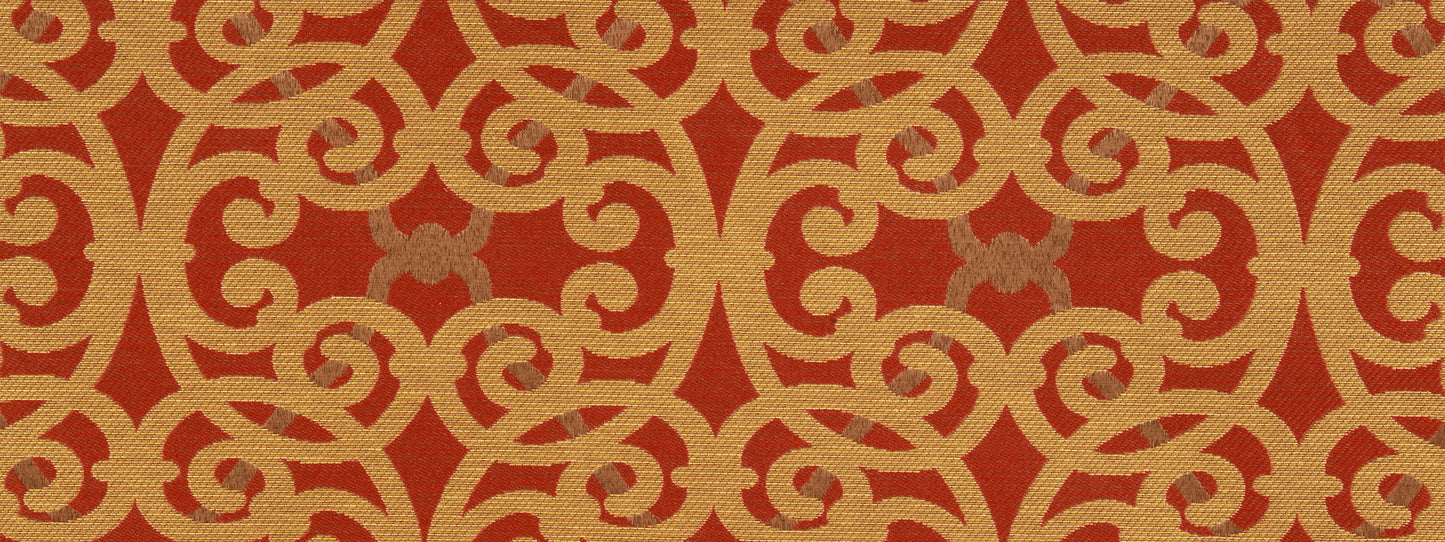 Red backdrop with gold damask scrollwork pattern; ornate repeating arabesque motif suitable for upholstery fabric.