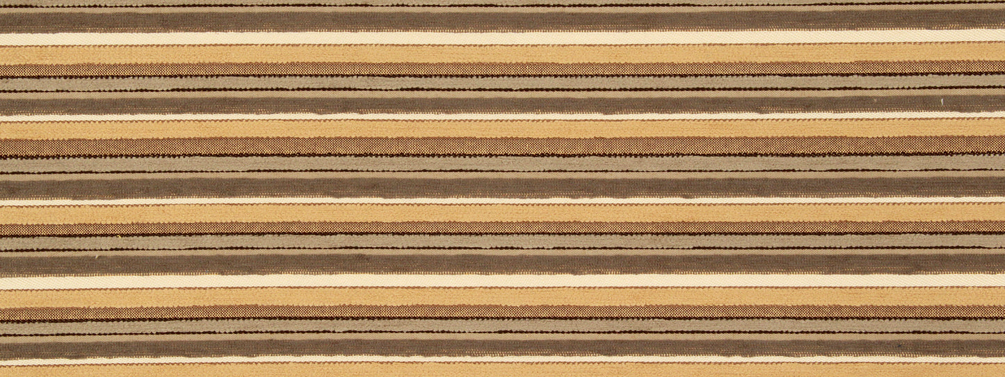 Earthy striped woven upholstery fabric swatch in beige, tan, and brown tones with varied stripe widths and textured weave.