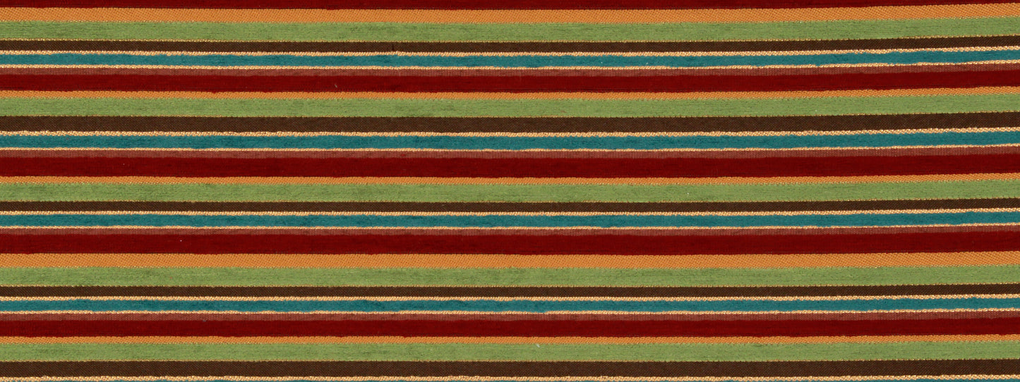 Colorful striped woven upholstery fabric with red, green, teal, gold and brown bands.