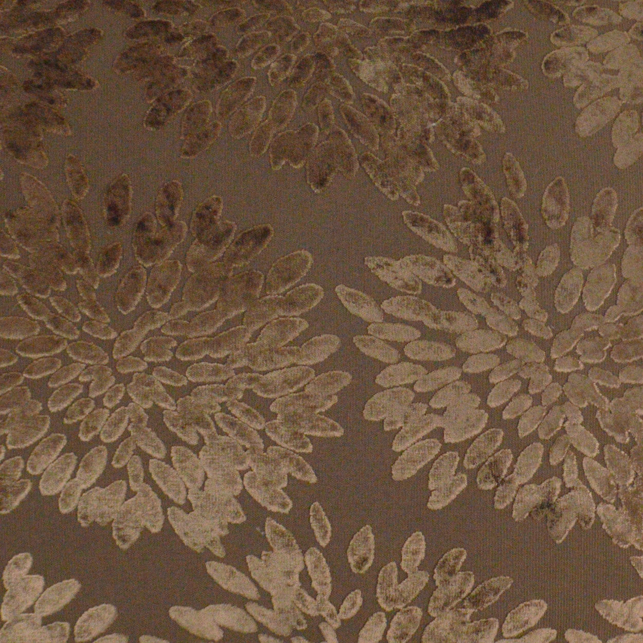 Pillow in taupe-brown fabric with beige damask floral jacquard pattern.