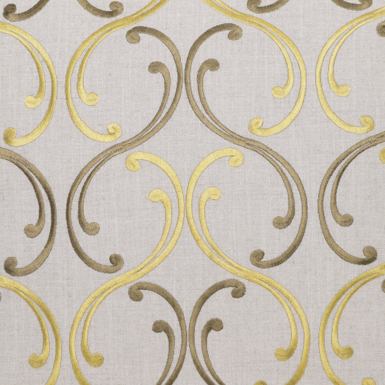 Beige linen fabric featuring repeating gold and brown scroll motifs for upholstery or drapery.