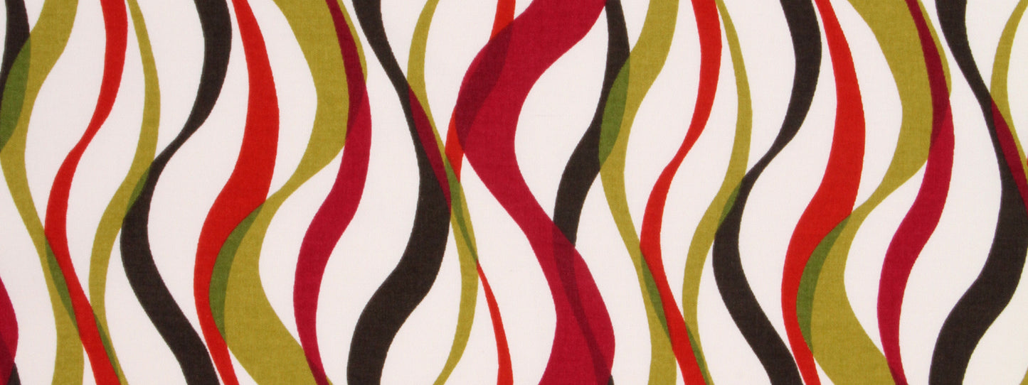 Bold wavy striped pattern in red, black, olive and white; abstract fabric design.