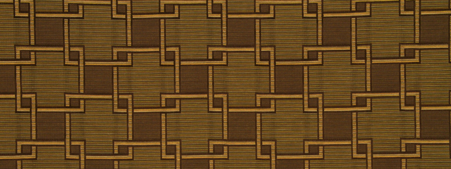 Walnut brown woven upholstery fabric with a tan interlocking fretwork pattern; textured fabric.