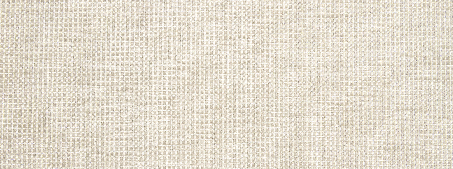 Beige woven upholstery fabric close-up with linen-like texture and subtle grid pattern.