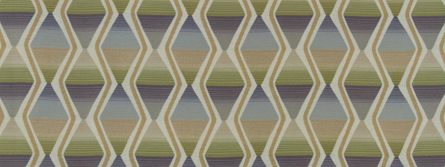 Muted diamond lattice pattern in beige, sage, gray, and lavender on upholstery fabric swatch.