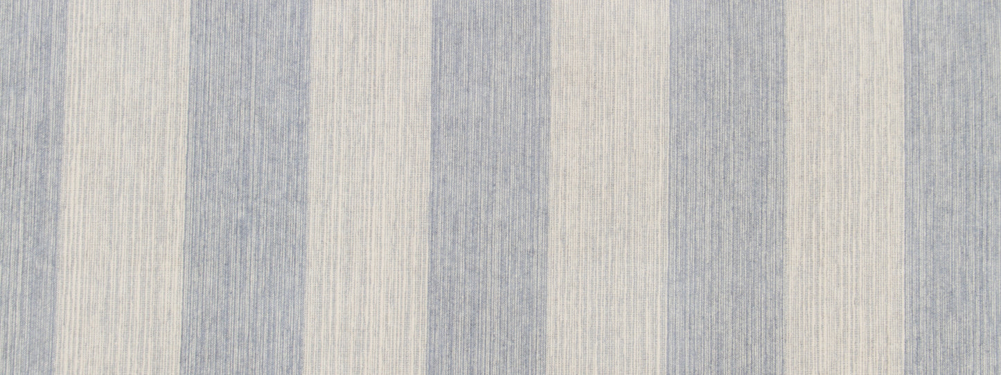 Blue and ivory striped woven fabric with subtle texture, vertical stripes for upholstery or curtains.