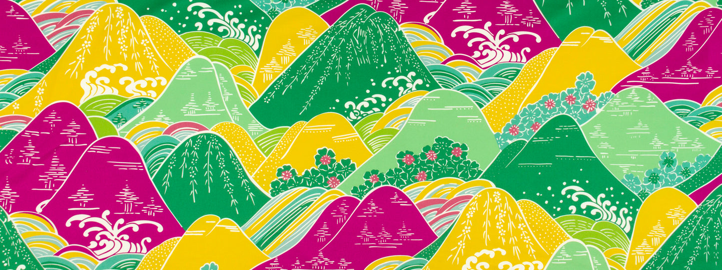 Vibrant abstract mountain landscape design for magenta drapery, showcasing overlapping hills in yellow, pink, green, purple and teal with white swirl accents.