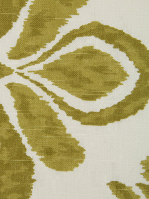 Olive green damask floral pattern on cream linen-like fabric; traditional upholstery or drapery textile.