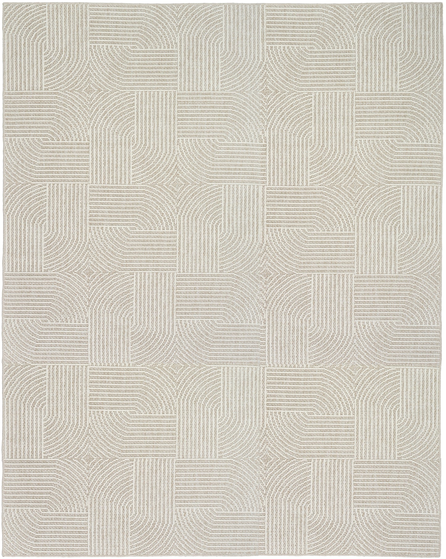 Beige and cream woven area rug with modular patchwork squares of striped lines.