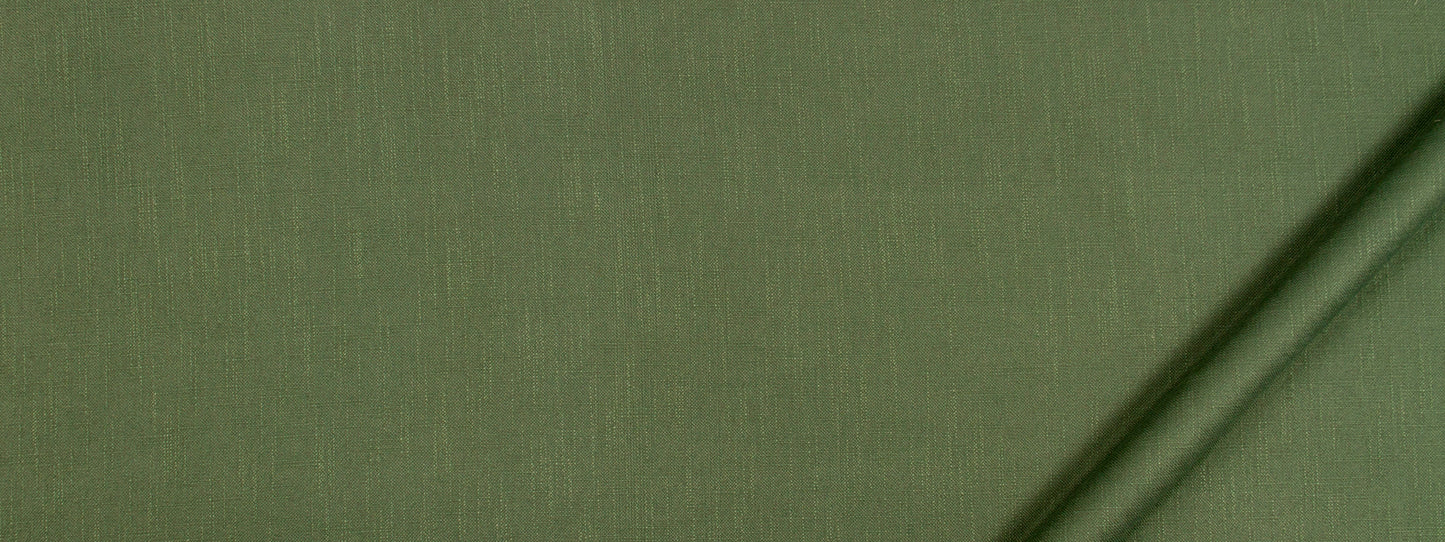 Olive green textured fabric close-up with linen/canvas weave and diagonal edge.