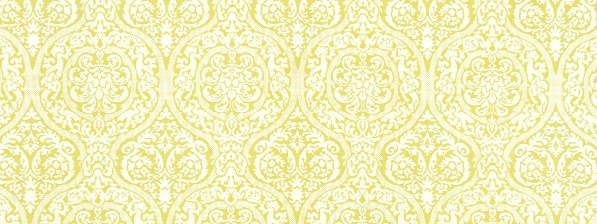 Pale yellow damask pattern with ornate floral scrolls for wallpaper or fabric.