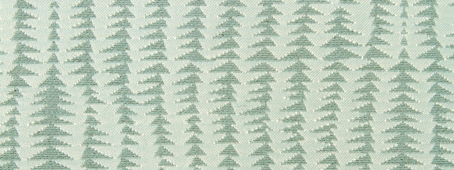 Teal pine tree pattern on light gray fabric; Nordic woodland textile for crafts or upholstery.