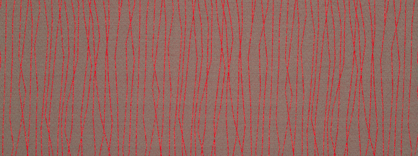 Crimson upholstery fabric with red wavy vertical stripes; woven textile for upholstery or curtains.
