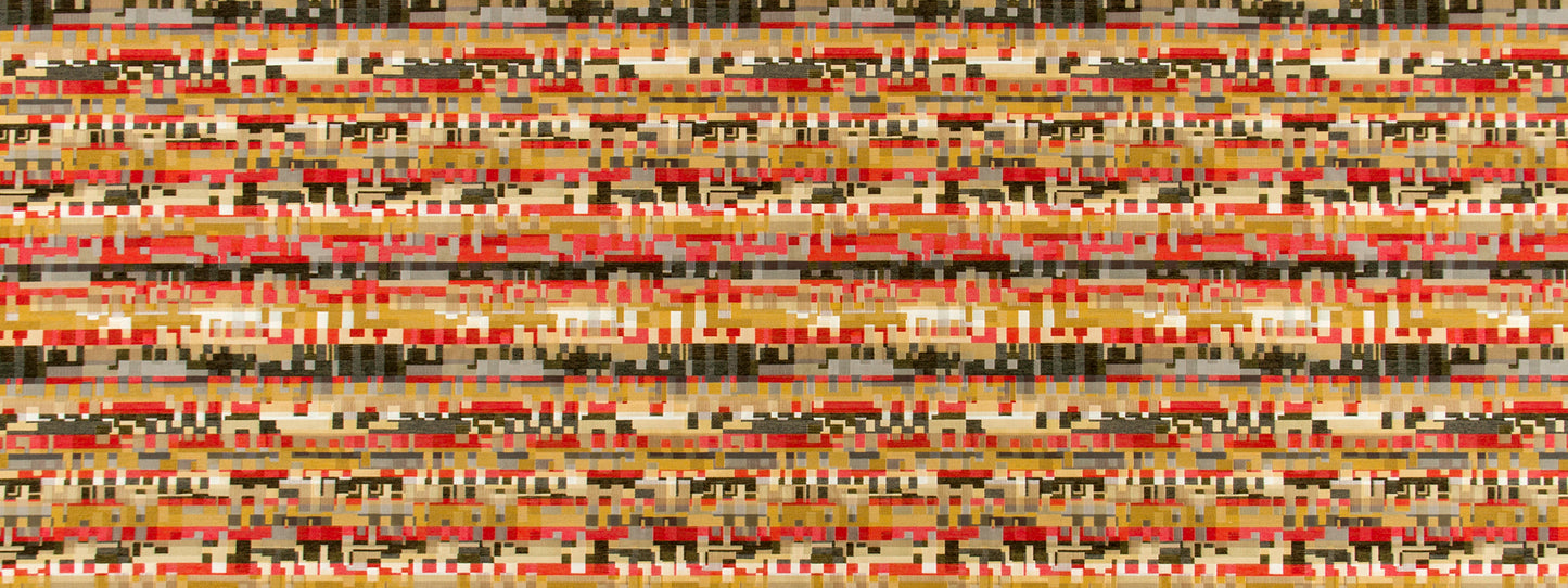 Crimson upholstery fabric with red, orange, tan and black geometric blocks in a kilim-inspired pattern; woven texture.