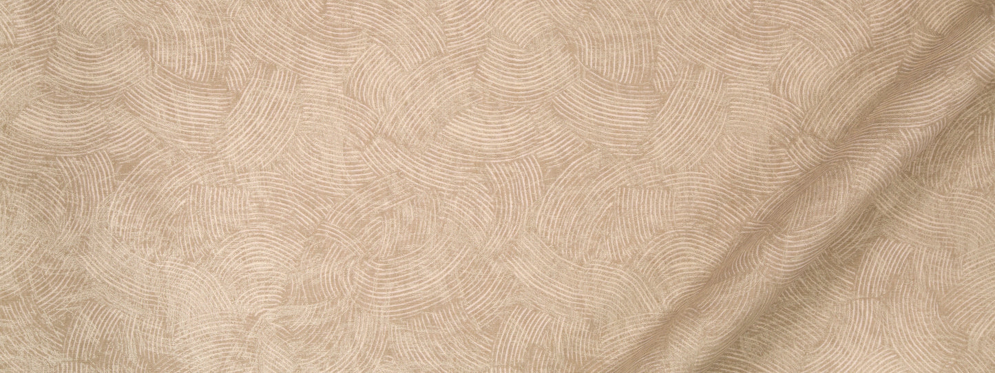 Beige textured fabric with circular embossed pattern; soft upholstery or drapery material, neutral and versatile.