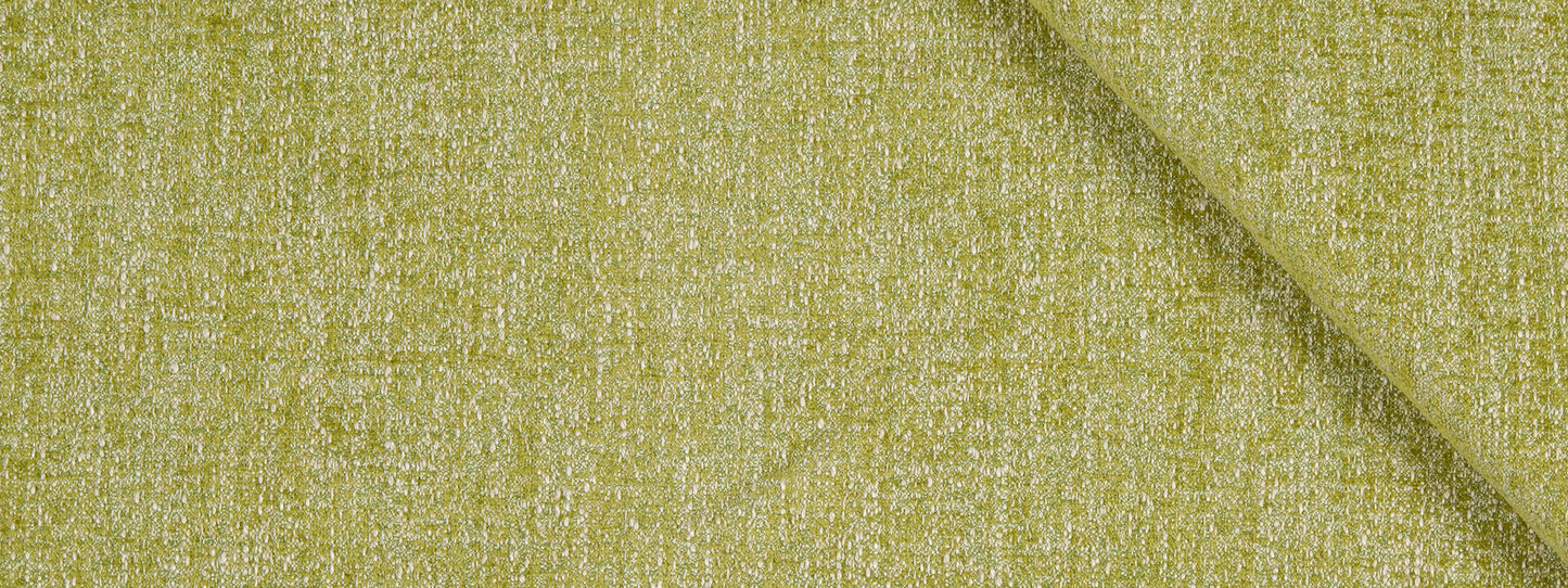 Olive green tonal chenille upholstery fabric with a textured surface and small white specks, folded corner.