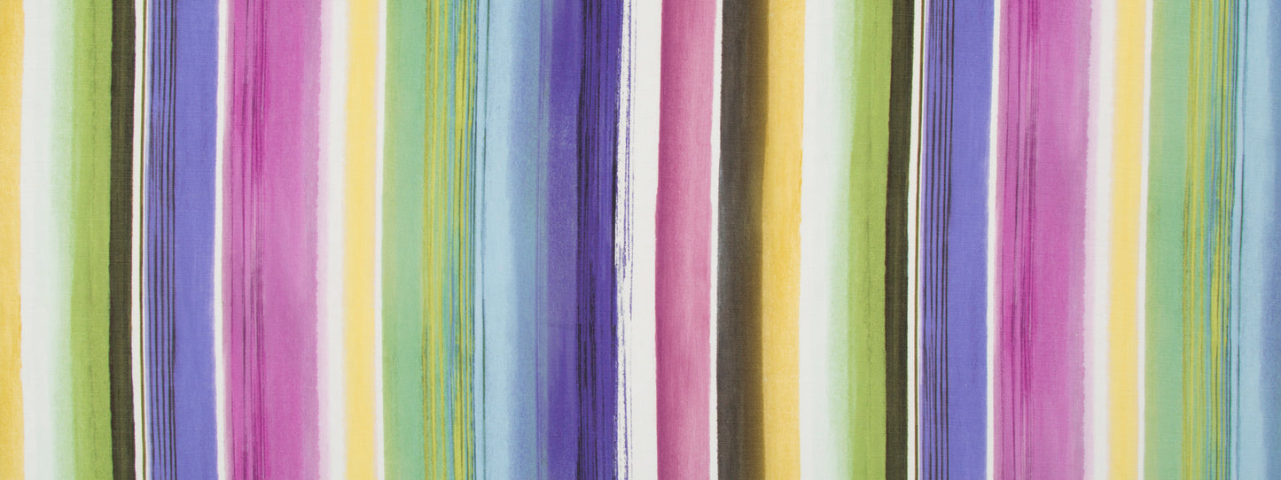 Bright multicolor striped fabric with vertical yellow, green, pink, purple, and blue stripes.