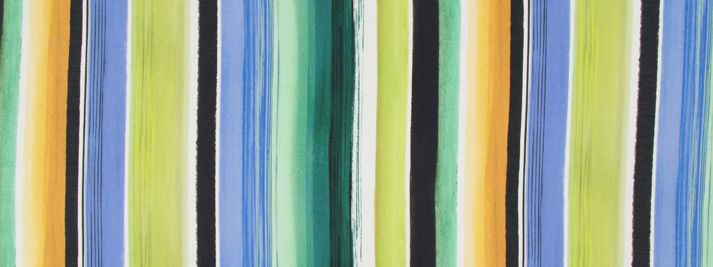 Vertical multi-color brushstroke stripes in yellow, blue, green, orange & black with varying widths.