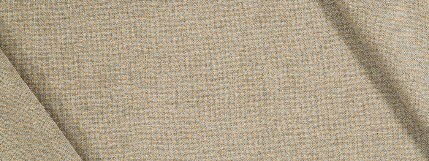 Beige jute chenille upholstery fabric with visible weave and diagonal folds; natural textile texture.