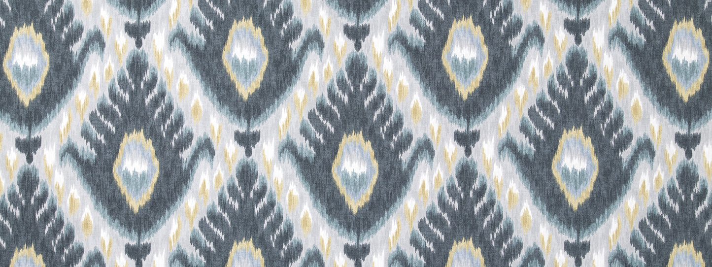 Blue-gray & white ikat diamond fabric pattern with pale yellow accents.