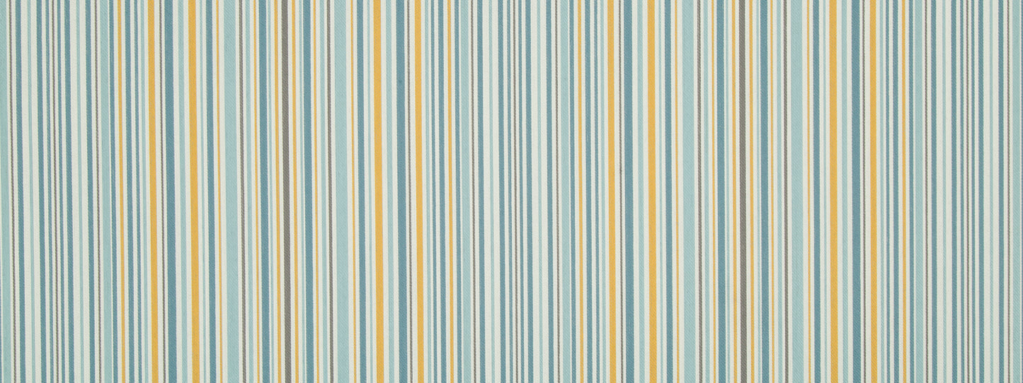 Vertical striped pattern in pastel blues, teal, white and yellow on upholstery fabric.