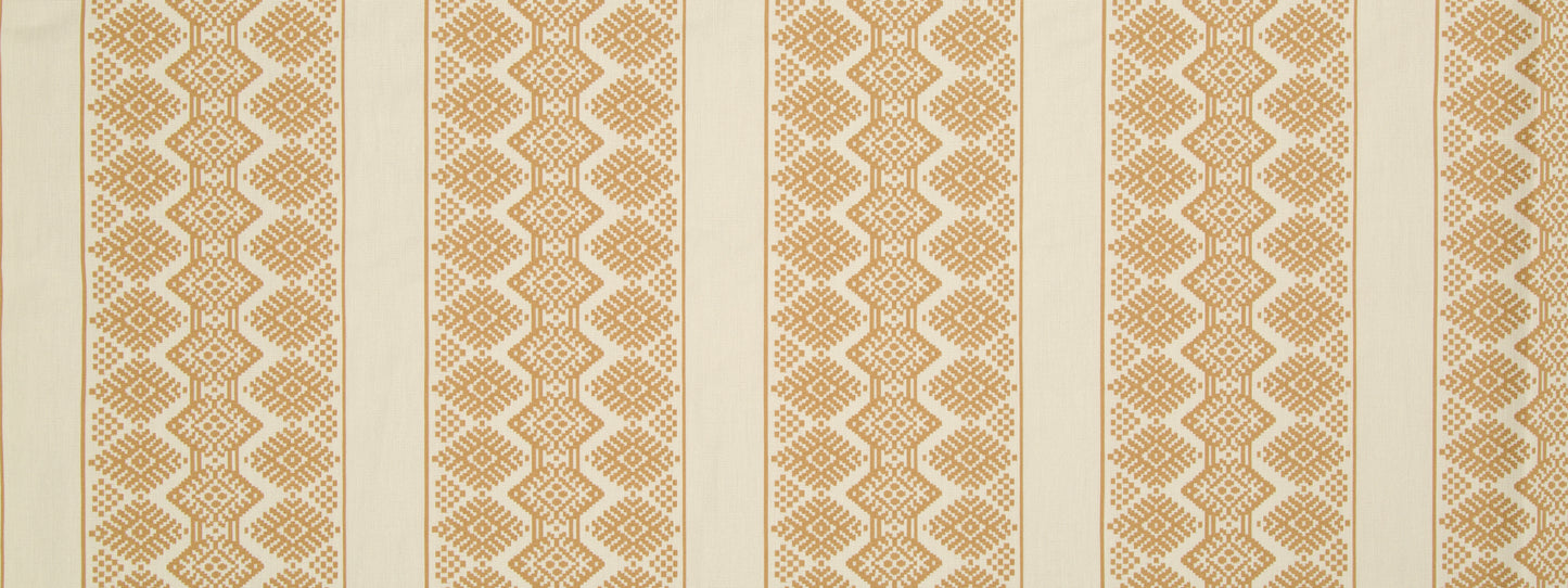 Beige-tan geometric striped fabric with vertical bands and diamond zigzag motif.