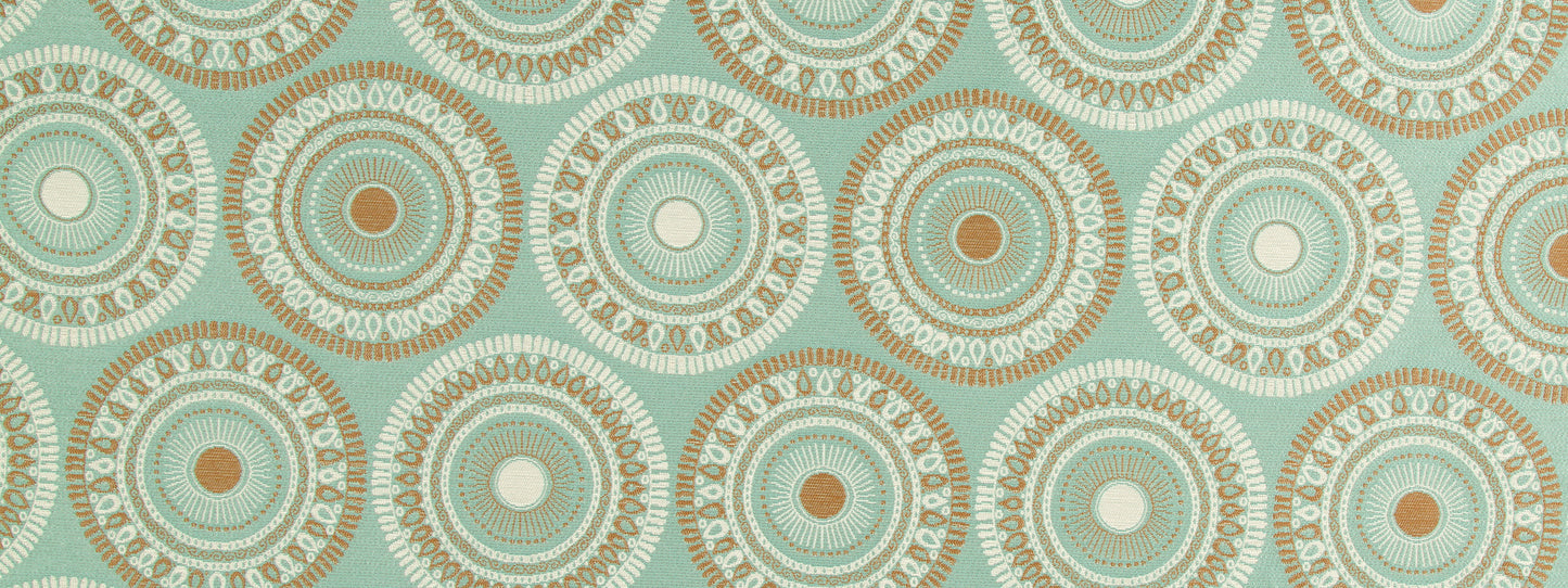 Teal and beige circular medallion pattern, repeating mandala-inspired design.