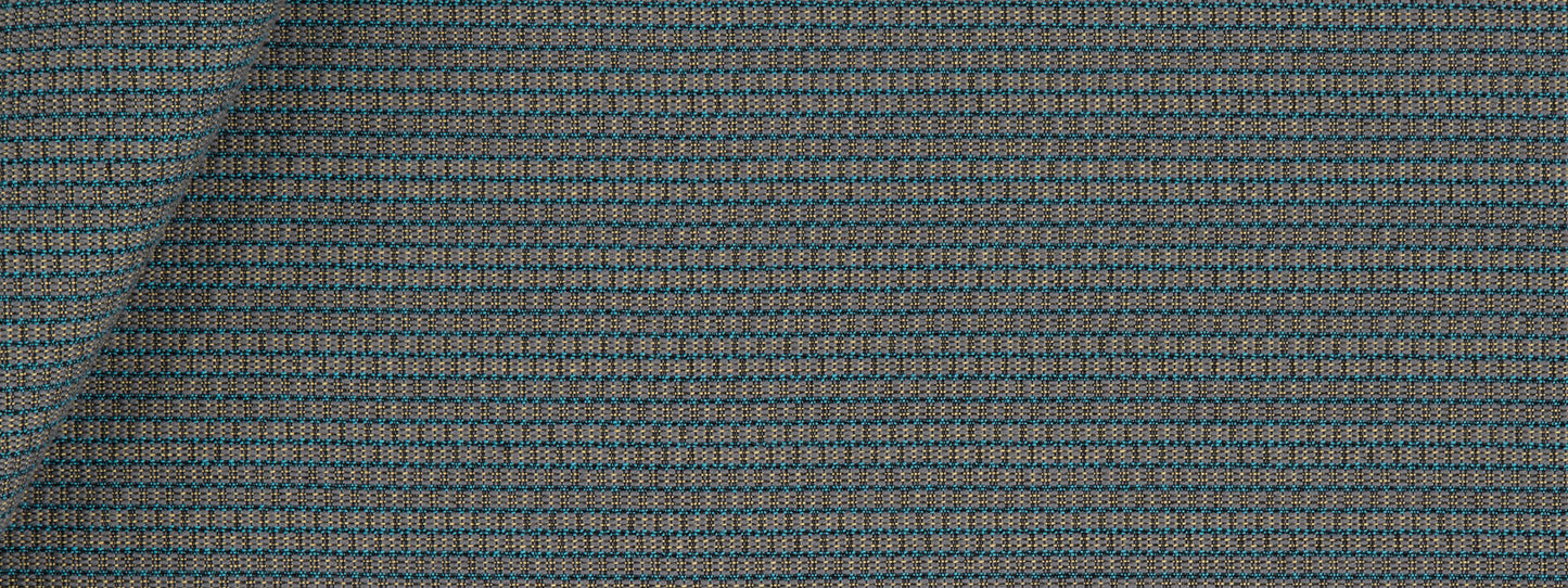 Slate-colored woven upholstery fabric swatch with a folded corner and a square texture.