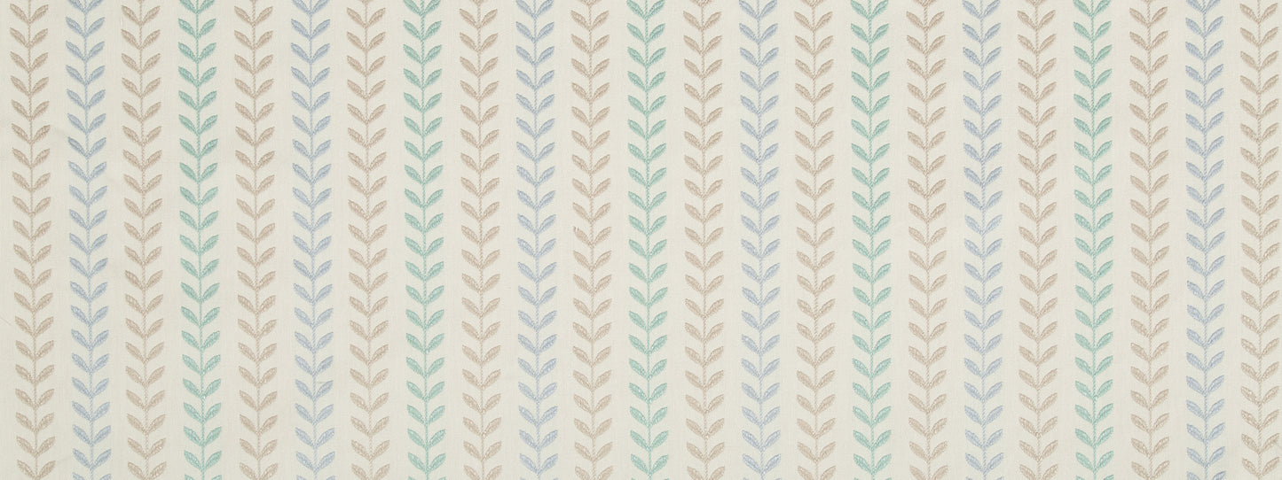 Pastel leaf-sprig upholstery fabric with vertical beige, blue and mint stems on cream.