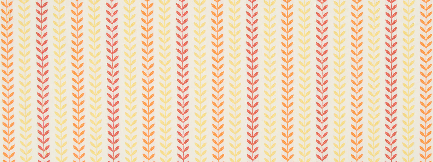 Seamless peach & coral leaf-vine upholstery fabric with vertical motifs for warm decor.