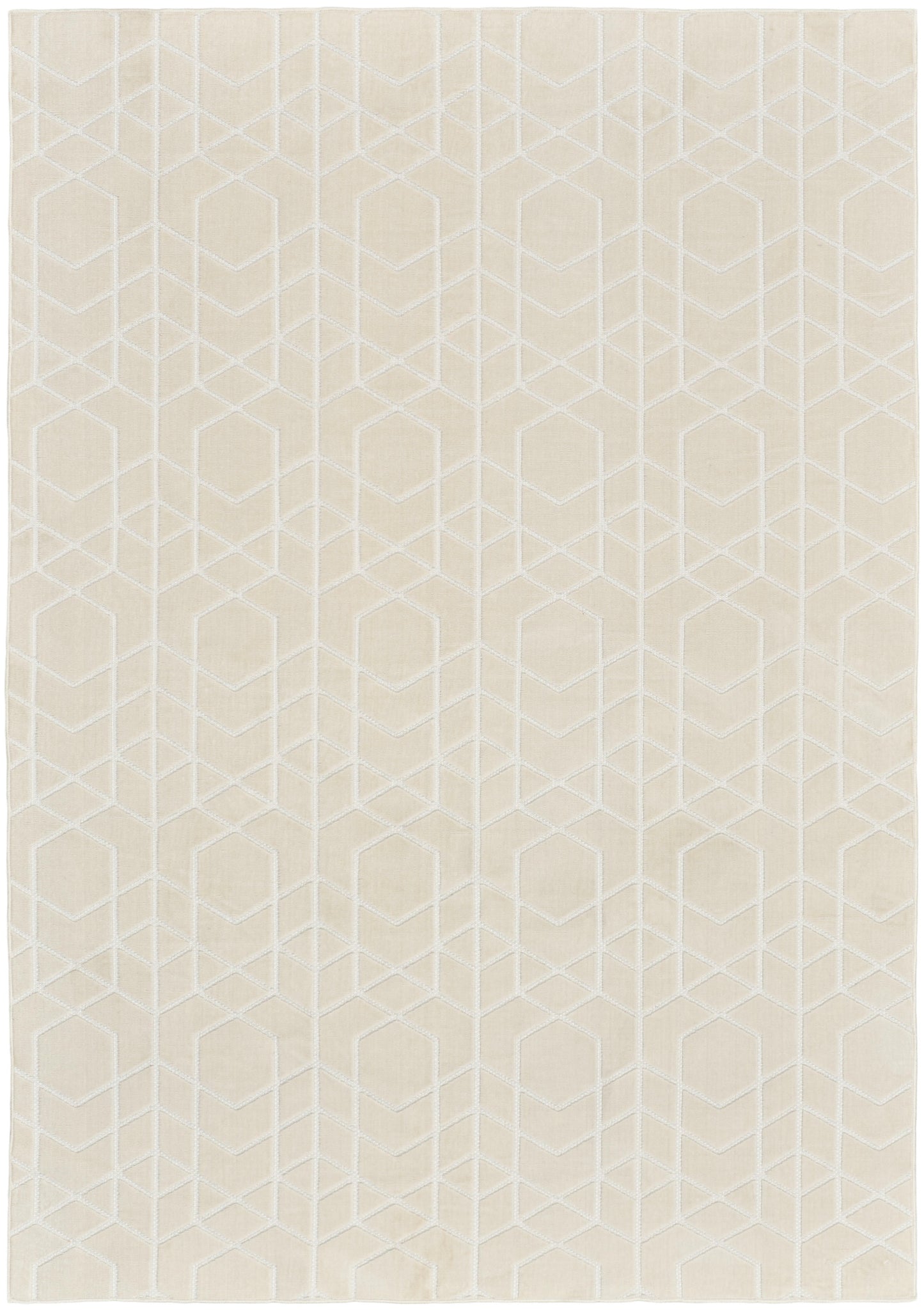 Beige rug with a subtle white geometric lattice pattern; soft, flat-weave look for modern decor.