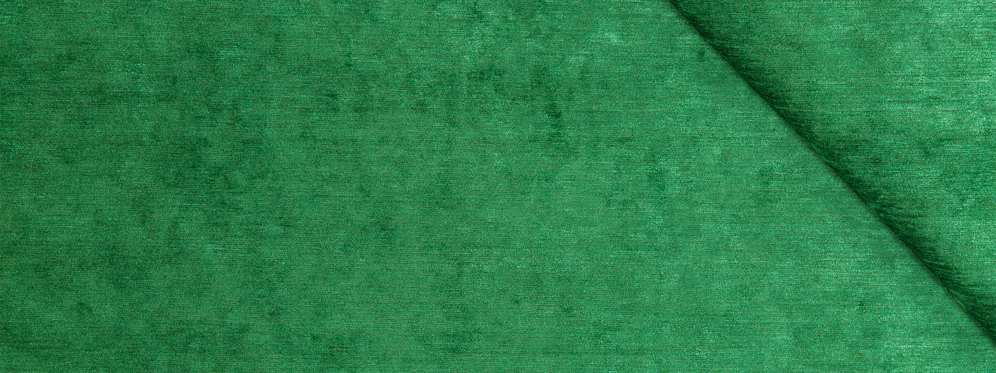 Billiard green chenille fabric swatch with a diagonal seam and rich texture.