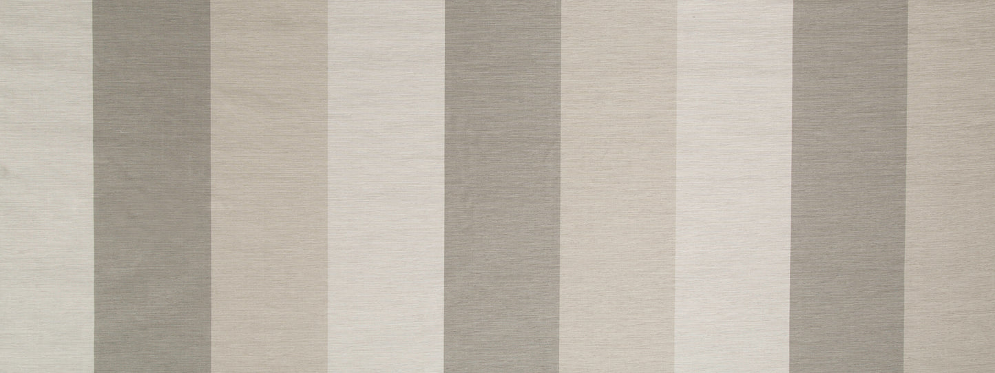 Neutral vertical striped drapery fabric in ivory, beige, taupe and gray tones.